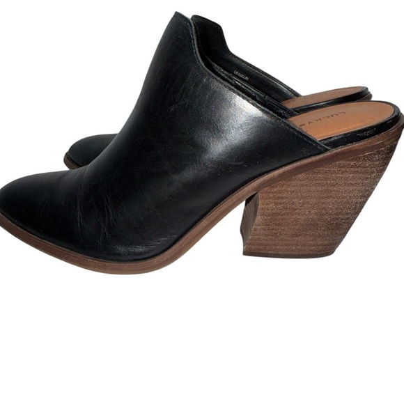 Lucky Brand Women's Slip On Clogs Size 9.5M Black Leather Block Heel Almond Toe - Picture 2 of 12